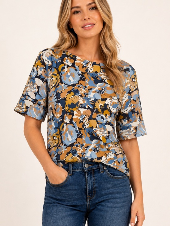 Ralph Lauren Tops - Lauren Ralph Lauren Floral Cotton Stretch Top Women’s L Blue Yellow Short Sleeve